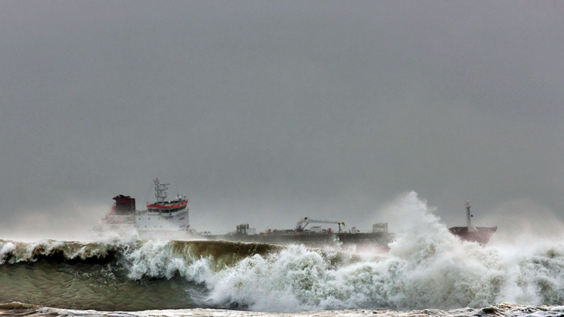 Oil tanker riding out a storm