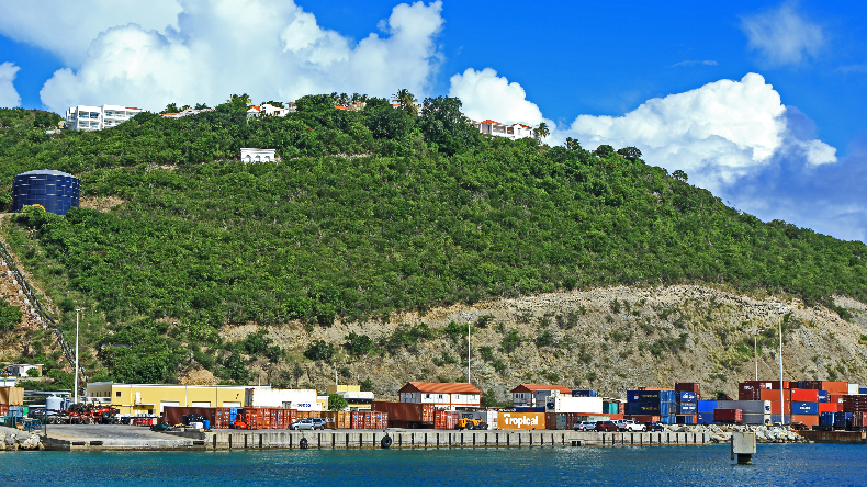St Maartens harbour with containers