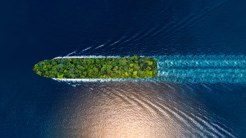 Containership with green leaves and green transportation industry eco-shipping