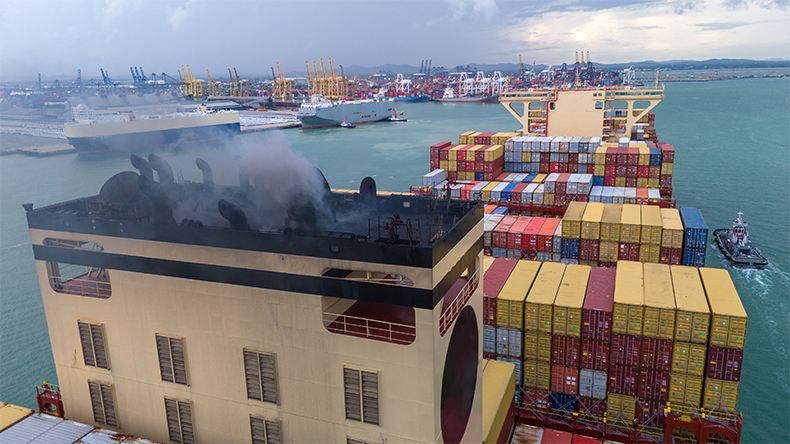 Smoke exhaust gas emissions carbon dioxide from cargo large containership