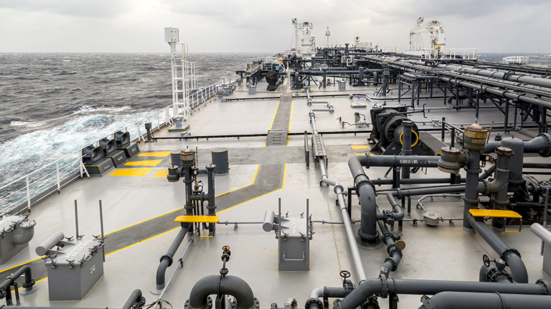 Deck of the tanker in open sea during stormy weather
