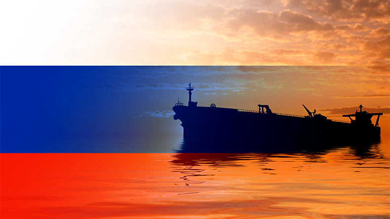 Russia flag as background behind oil tanker