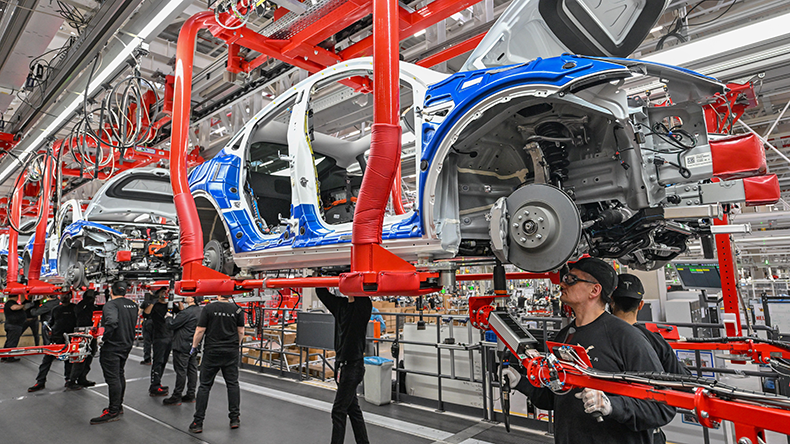 Tesla production line of a Model Y electric vehicle