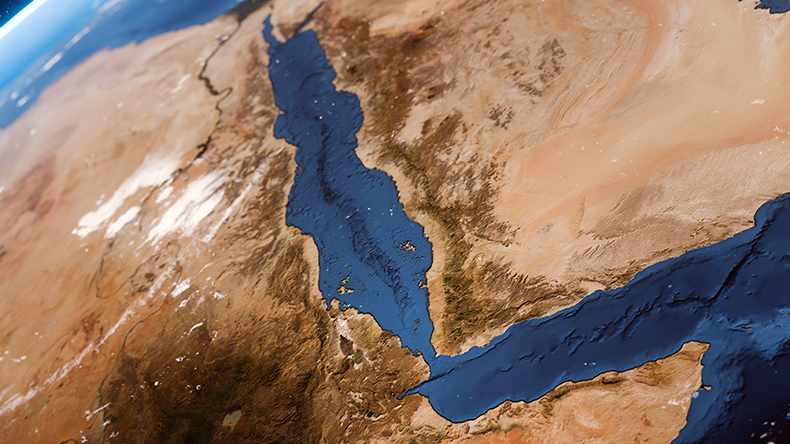 A high-angle satellite view showing the narrow Bab el-Mandeb strait, connecting the Red Sea to the Gulf of Aden