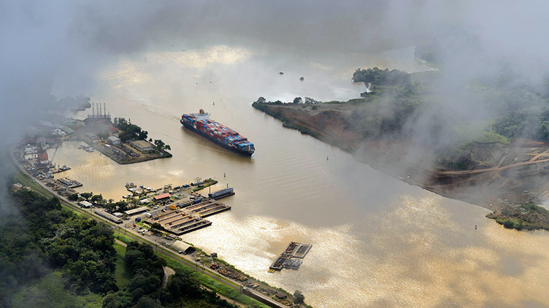 Aerial view of Panama Canal at Gamboa with panamax containership