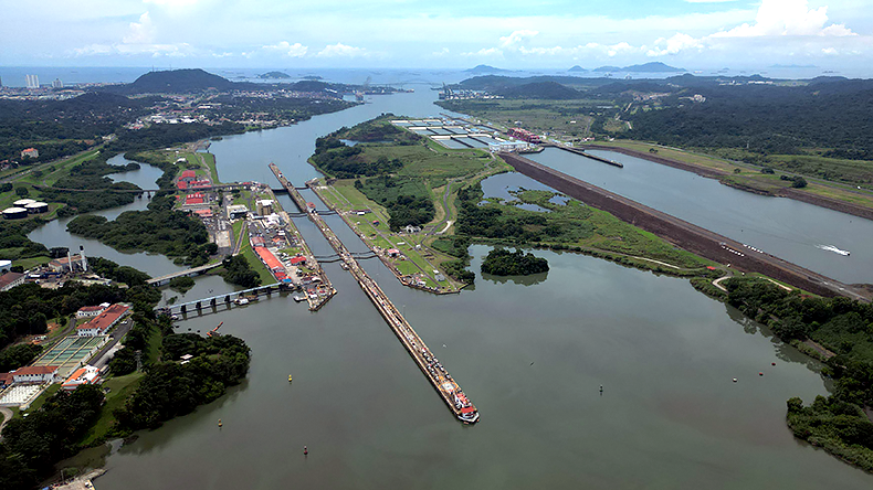 Aerial view of Panama Canal, with the Miraflores Locks (left) and the Cocoli Locks (right)