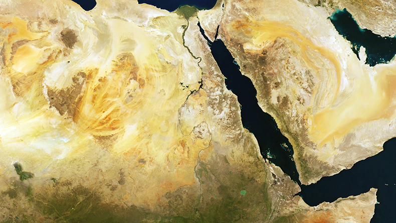 Satellite view of Middle East, East Africa and Nile river. Red Sea,Sudan, Ethiopia, Saudi Arabia, Egypt, Israel, Palestine, Iraq and Syria