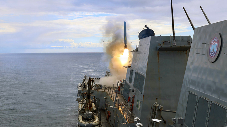 Arleigh Burke-class guided-missile destroyer USS Thomas Hudner (DDG 116) fires a Tomahawk land attack missile in support of Operation Epic Fury