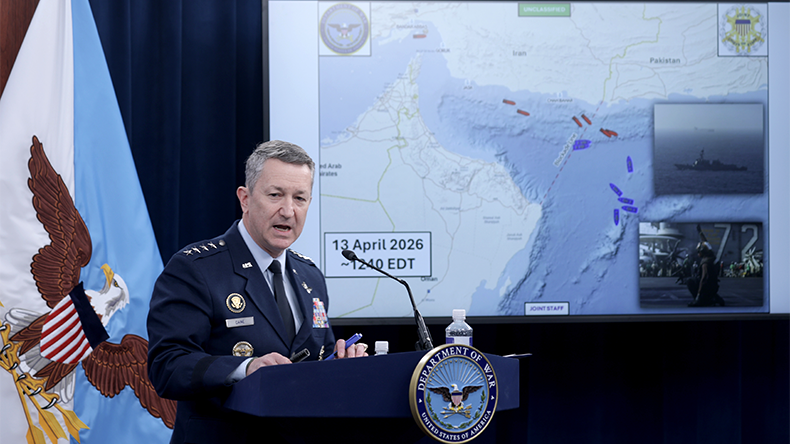 Chairman of the Joint Chiefs of Staff Gen. Dan Caine speaks as he displays a map showing the United States Navy's blockade of the Strait of Hormuz during a press briefing at the Pentagon on April 16, 2026
