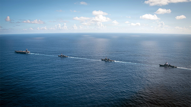 US Navy's Gerald R. Ford Carrier Strike Group, including the flagship USS Gerald R. Ford (CVN 78), left, USS Winston S. Churchill (DDG 81), front, USS Mahan (DDG 72), back, USS Bainbridge (DDG 96)