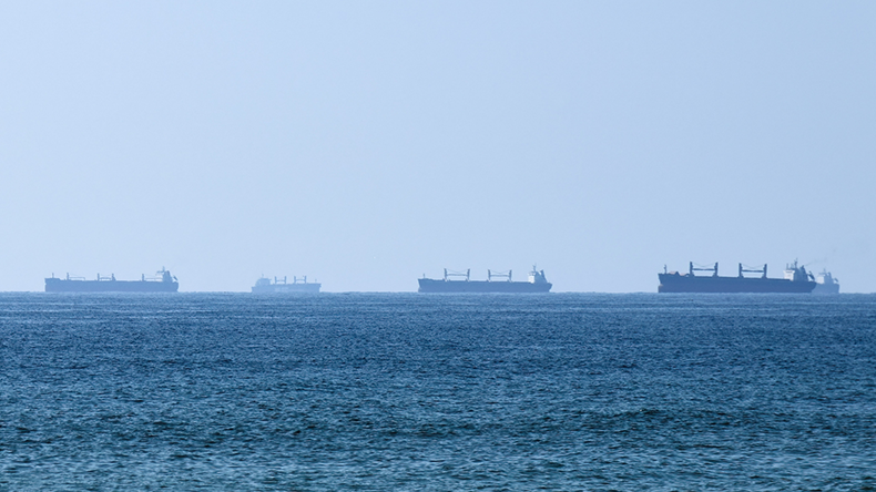 Cargo ships waiting to pass Strait of Hormuz 
