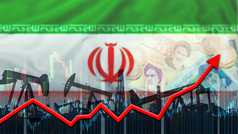 Iranian oil production on economic graph with Iran flag as background