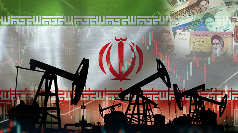 Oil pumps with the Iranian flag in the background. Oil business concept in Iran