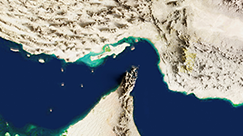 3D rendering of the Strait of Hormuz. Satellite view close up