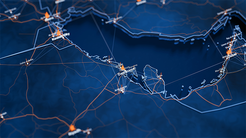 Dammam map big data visualisation. Futuristic map infographic of city in Saudi Arabia. Visual map data complexity in modern blue and orange colors