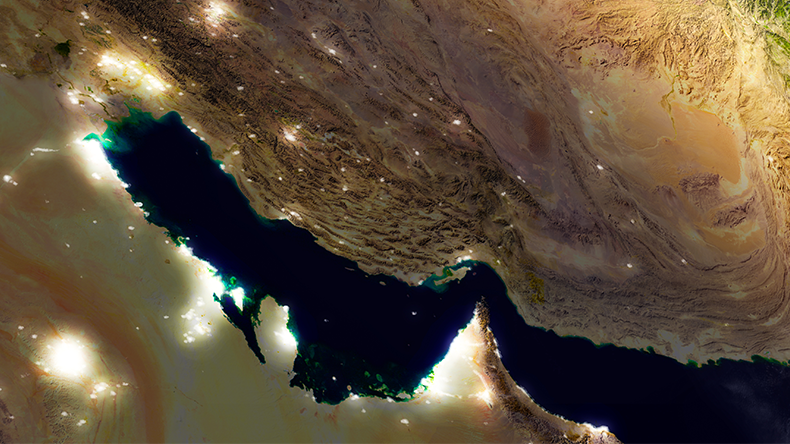 Iran region from Earth's orbit in space during sunrise. 3D illustration with highly detailed realistic planet surface