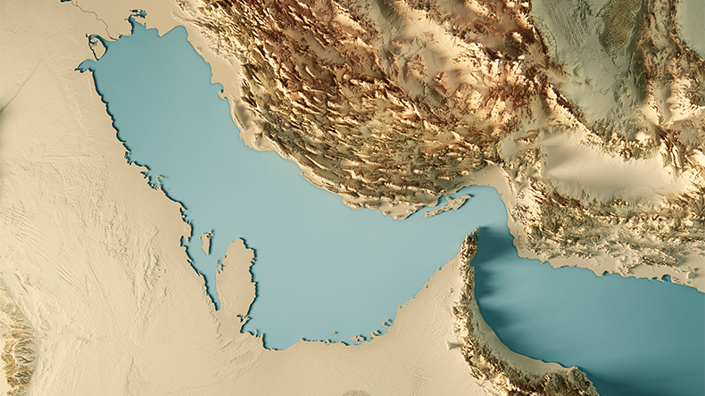 3D Render of a topographic map of the Middle East Gulf