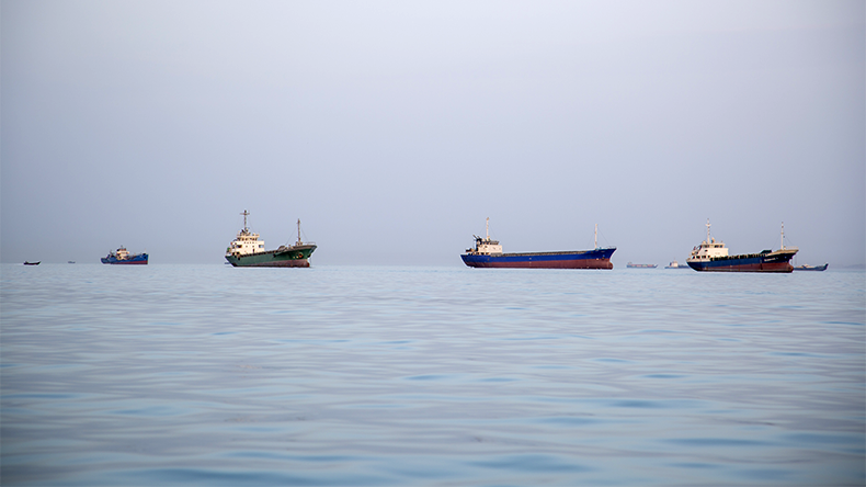 Ships are anchored near the shoreline on April 22, 2026 in Bandar Abbas, Iran. Bandar Abbas is a port city Middle East Gulf and Strait of Hormuz
