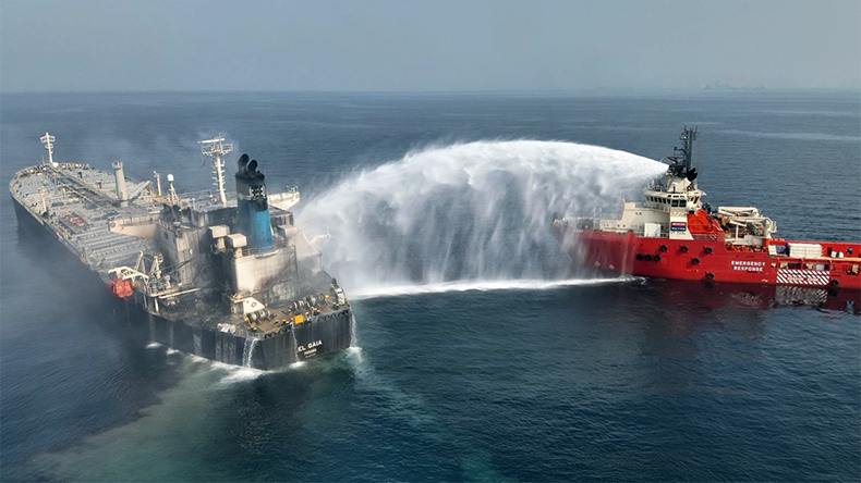 'Giant' fights fire aboard the 'El Gaia' suezmax tanker 