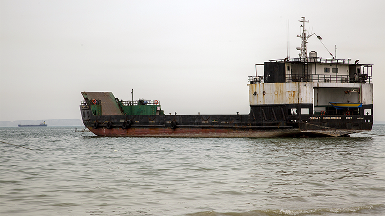 Ships are anchored near Bandar Abbas, Iran. Strait of Hormuz