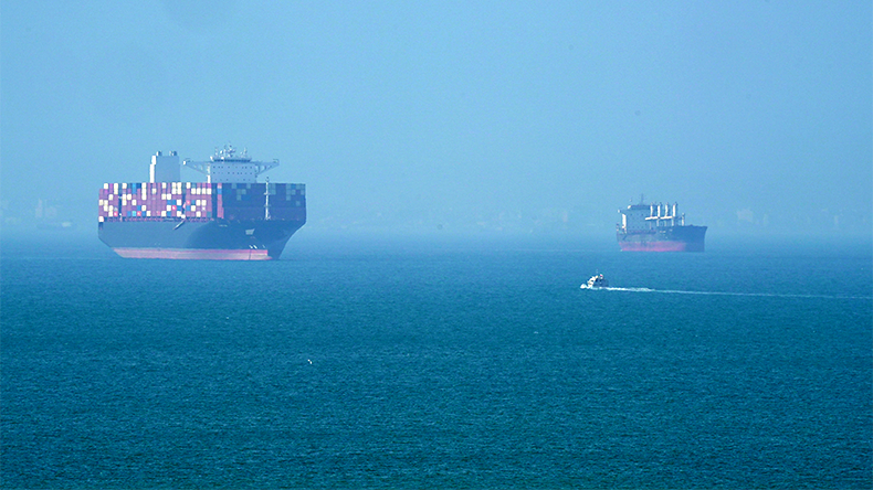 Containership navigates the sea on April 28, 2026 on Qeshm Island, Iran in the Strait of Hormuz