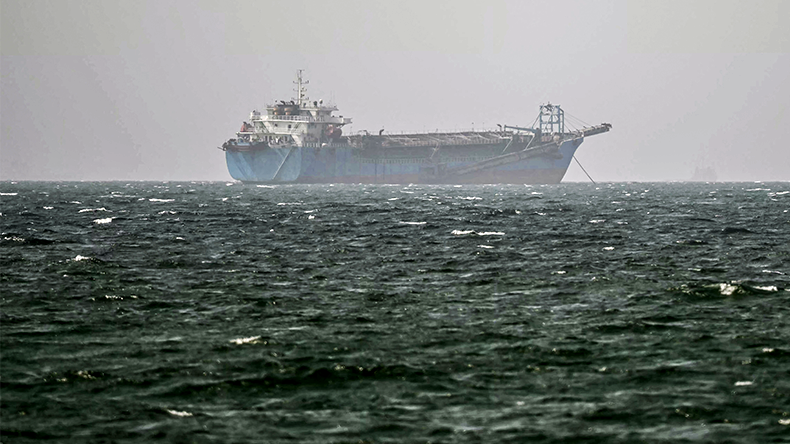 A vessel is anchored off the coast of Sharjah in the United Arab Emirates on August 3, 2026