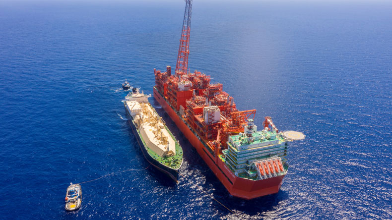 The FLNG vessel Coral Sul loads its first Mozambique cargo on BP vessel British Sponsor