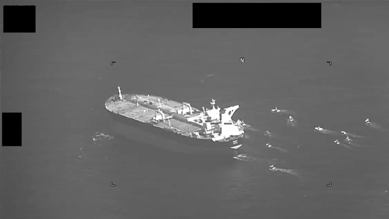 A screenshot of a video showing fast-attack craft from Iran’s Islamic Revolutionary Guard Corps Navy swarming Panama-flagged oil tanker Niovi