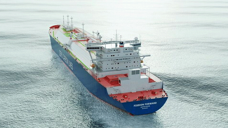 A computer-generated image of a design concept for a nuclear-powered LNG carrier 