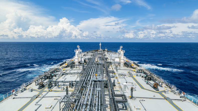 grey oil tanker at sea by adobe