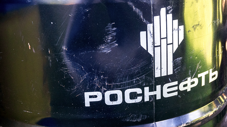 Barrel of Rosneft motor oil with brand logo