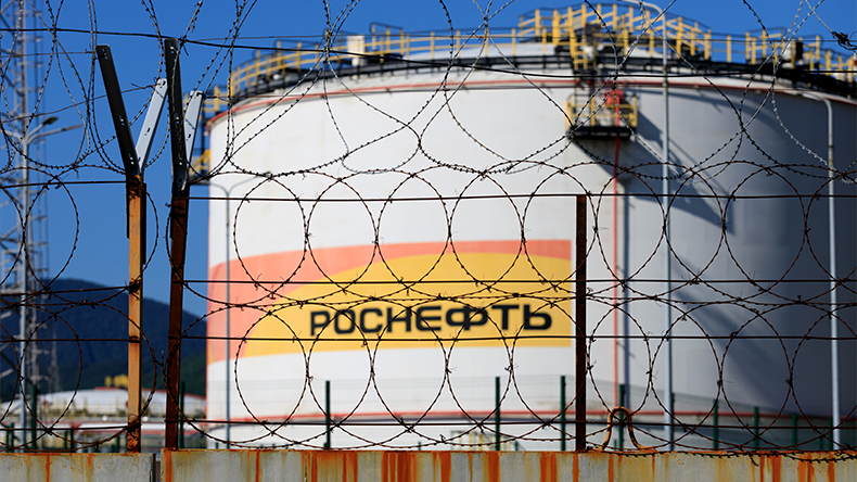 Oil storage with the inscription ROSNEFT in the city of Tuapse
