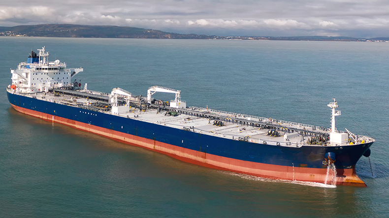 Drone photo of a suezmax tanker at anchor in cloudy weather off the coast of England