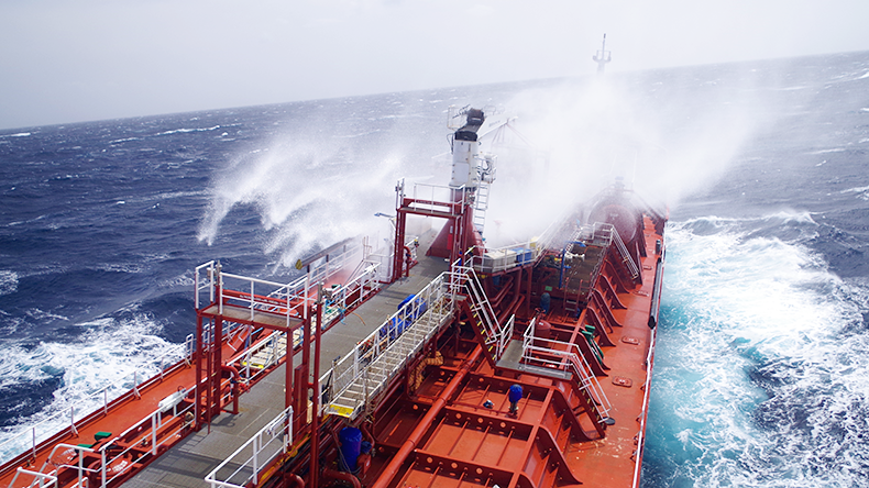 Chemical tanker during bad weather at Atlantic