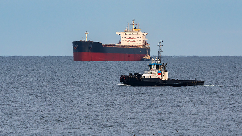 Large cargoship and small pilot boat sailing in the blue Baltic Sea near Estonia coast for global maritime logistics