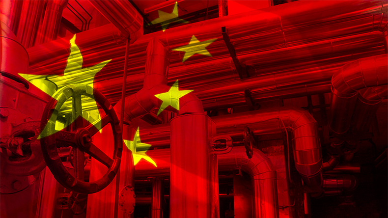 Pump and gas pipeline on background of flag of China