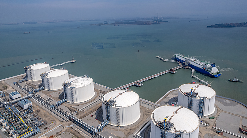 Aerial view of a ship transporting LNG at a terminal in China