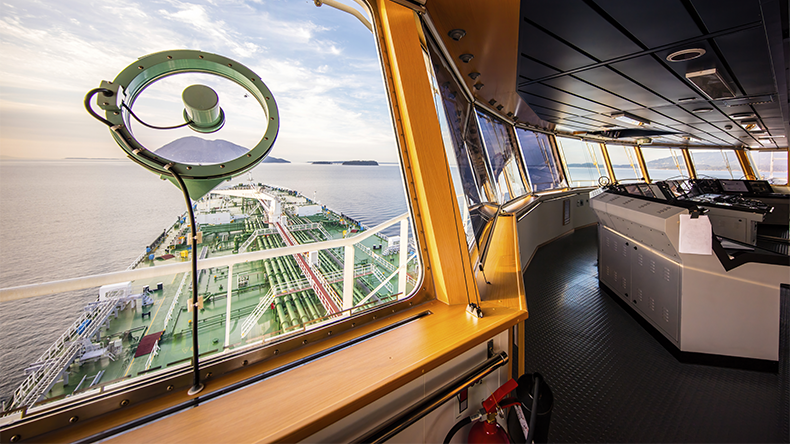Oil tanker at sea view from the bridge
