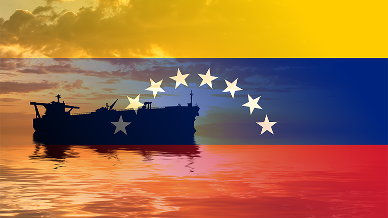 Venezuela flag with crude oil tanker superimposed
