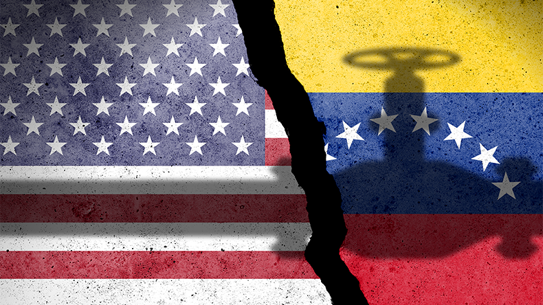 Flag of US and Venezuela painted on a concrete wall with crude oil pipe shadow