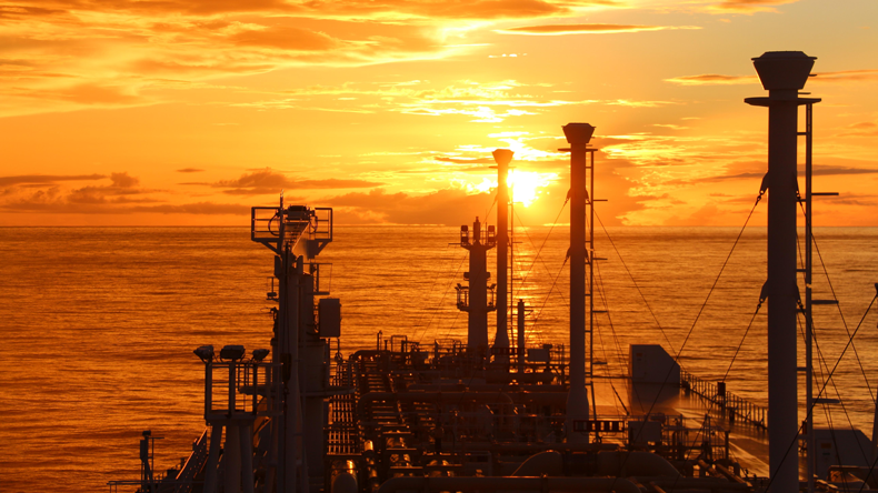 LNG carrier deck view at sunset in the Atlantic