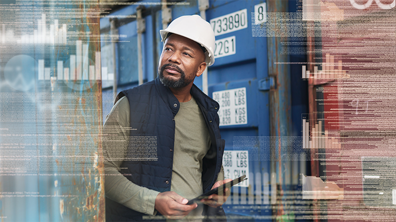 Seafarer with tablet and containers overlay with digital data