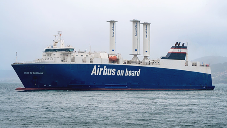 Three Bound4blue suction sails on the Louis Dreyfus Armateurs-owned and Airbus-chartered ro-ro Ville de Bordeaux (IMO: 9270842)