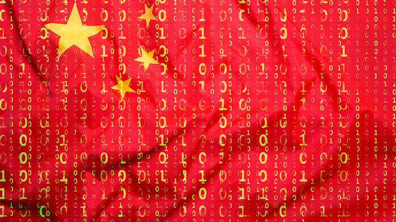 Binary code with China flag, data protection concept