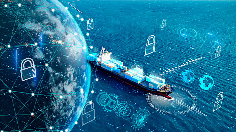 Cyber containership with AI technology and digital tracking concept