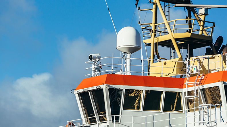 Close up of bridge of an oil rig support boat in the port of Aberdeen, Scotland 