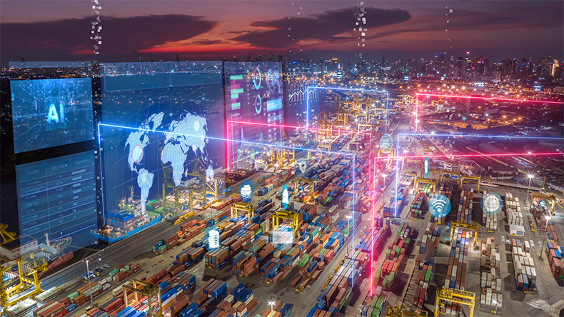 Port with digital overlay representing AI futures