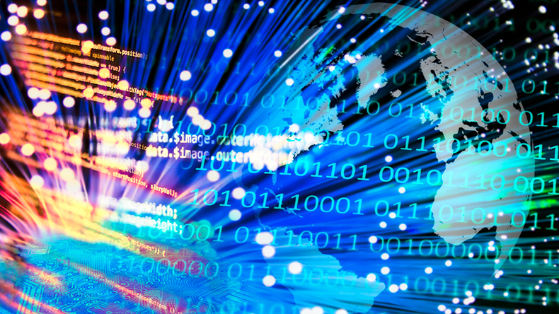 Composite with globe, fiber optic program code and binary numbers