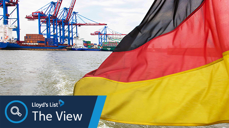 Hamburg port with gantry cranes and Germany flag