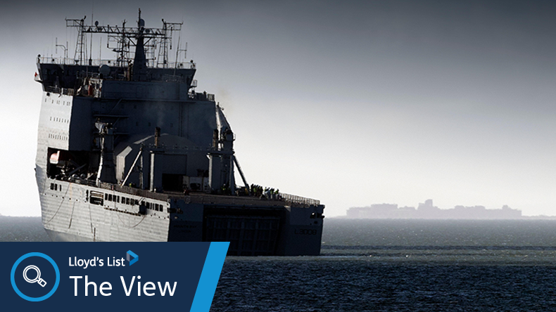 Naval convoy with containership in background